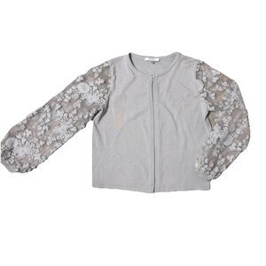 Sioni Milano Women’s Grey Cardigan Sheer Lace Balloon Puff Sleeve‎ Sweater Sz Sm